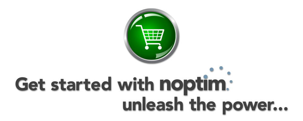 Green power button with eCommerce shopping cart printed on it and text "Get started with noptim — unleash the power..."